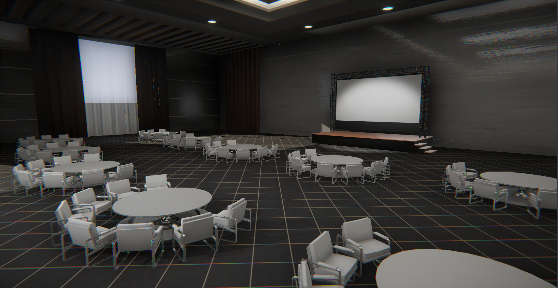 Une capture d'écran de la région Salle de bal Breakroom, qui se compose de tables à manger blanches luxueuses installées devant une scène pratique.