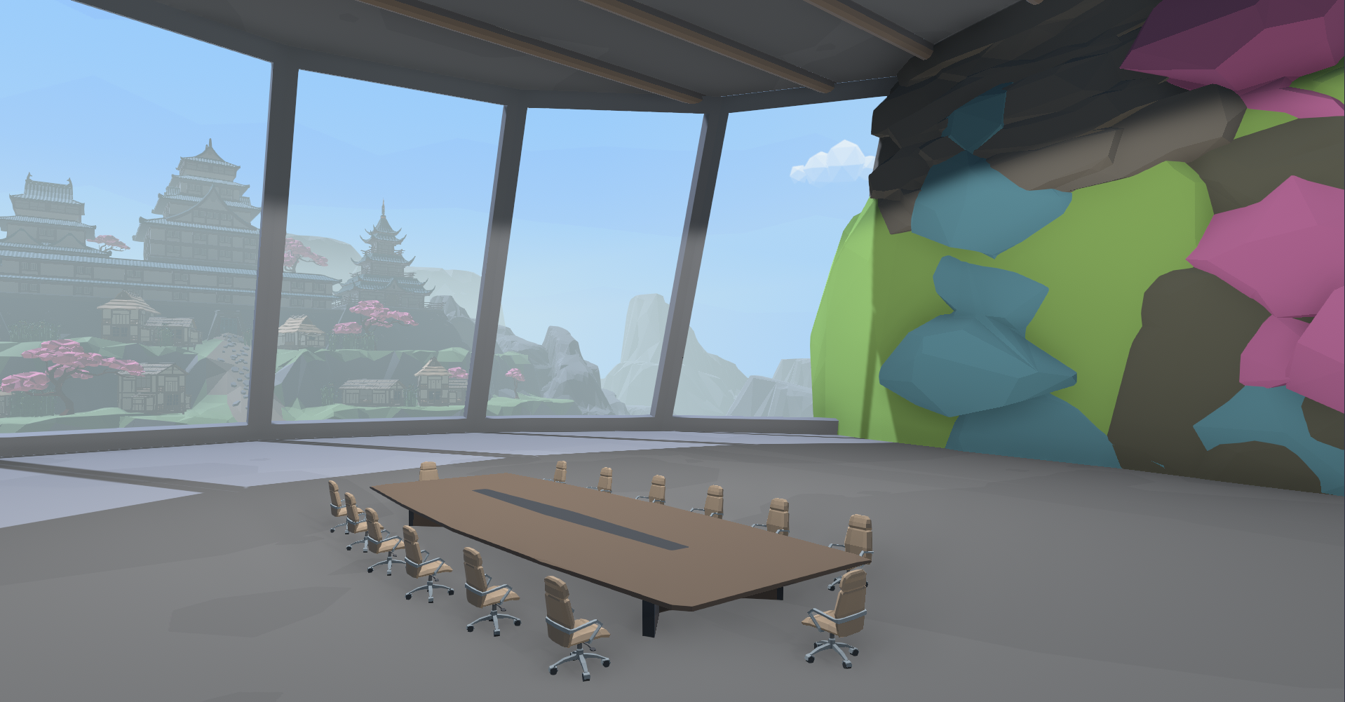 Une capture d'écran de la région Salle de réunion Breakroom, qui se compose d'une grande pièce avec des murs organiques et de hautes fenêtres donnant sur un temple japonais. Une longue table de conférence est placée au milieu de la pièce.