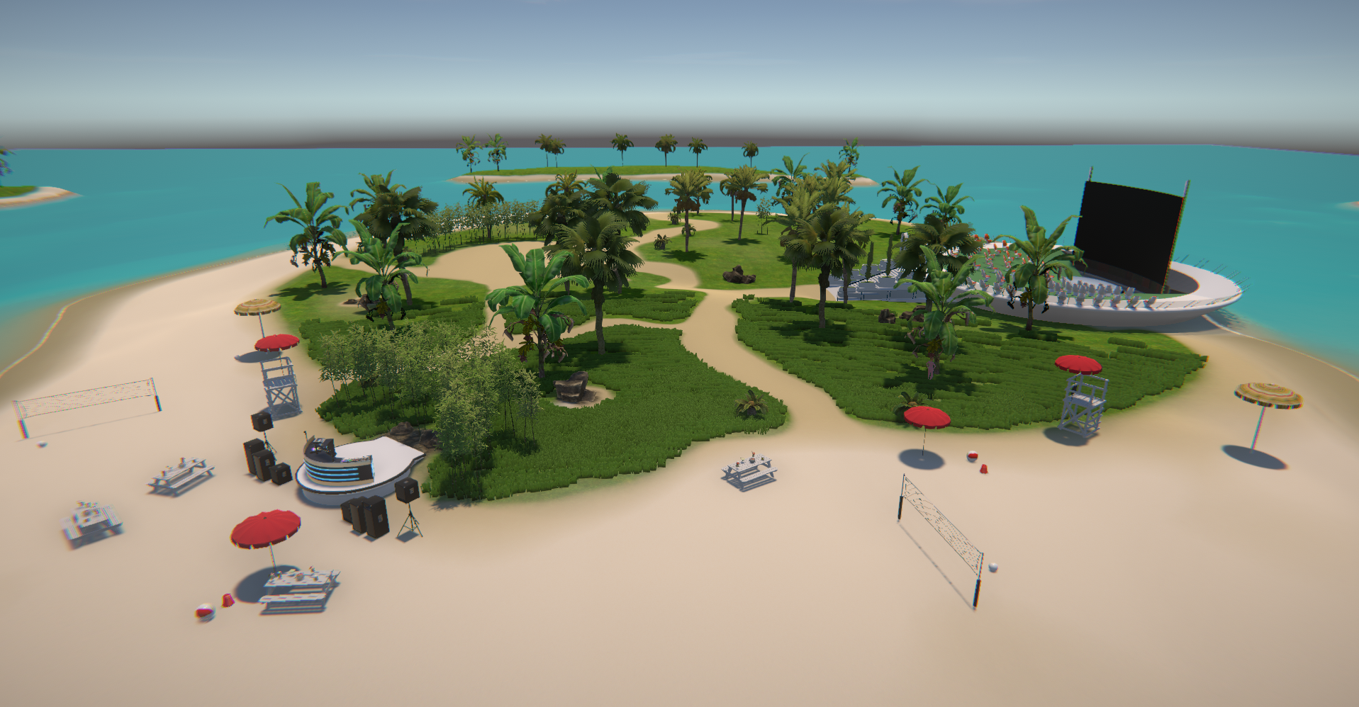 Une capture d'écran de la région Île déserte de Breakroom, composée de zones d'herbe verte poussant dans un paysage autrement sableux. Des activités de plage, telles qu'une station DJ et des filets de volleyball, sont installées autour des bords de l'île.