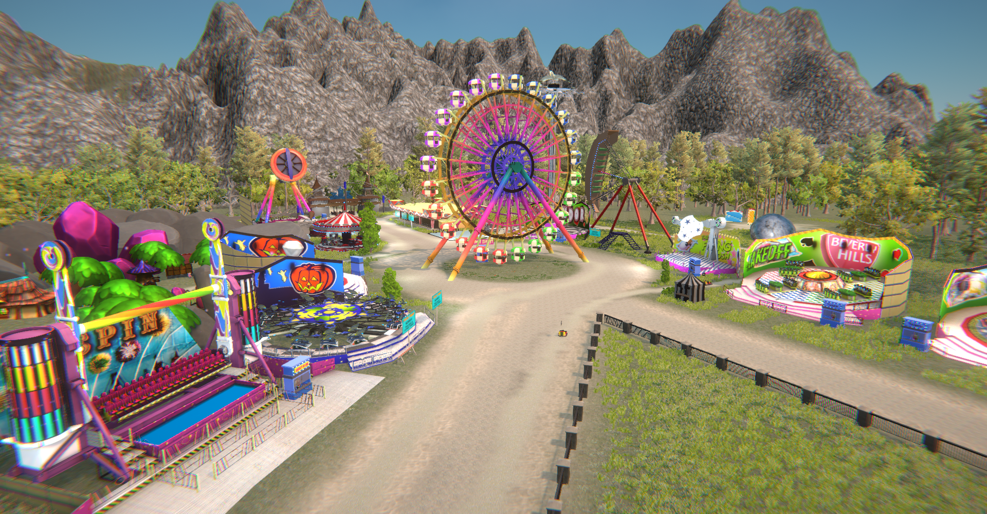 Une capture d'écran de la région Pins Pixel de Breakroom, où les jeux de carnaval colorés de votre jeunesse continuent de vivre ! Une grande roue occupe le centre de la scène, tandis que de larges avenues sableuses mènent à des manèges et des jeux supplémentaires.