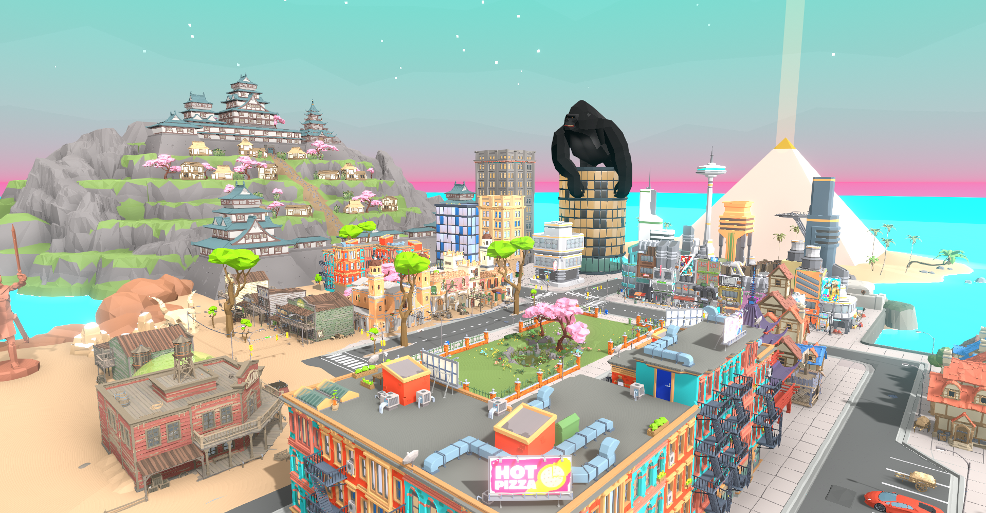 Une capture d'écran de la région Place publique de Breakroom, présentant un paysage urbain en blocs, une ville de l'Ouest et un temple japonais au loin. King Kong est assis au sommet d'un des gratte-ciel, veillant sur son domaine.