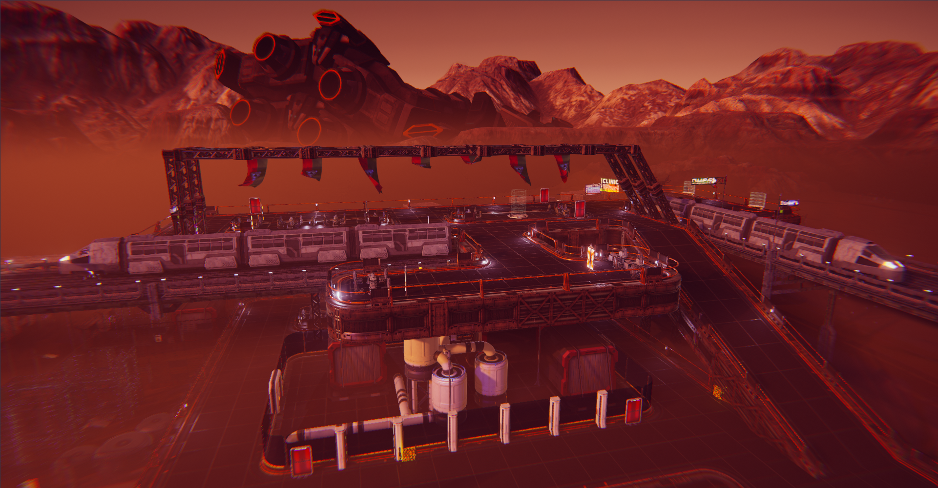 Une capture d'écran de la région Zone 54B de Breakroom, qui présente un paysage industriel de science-fiction sous des cieux rouges brumeux. Des passerelles et des chemins éclairés relient les différentes zones, tandis qu'au loin, les moteurs d'un vaisseau spatial en panne émergent de la terre.